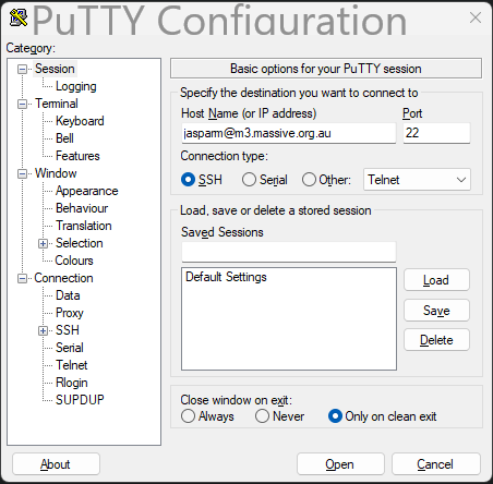 puTTY config page